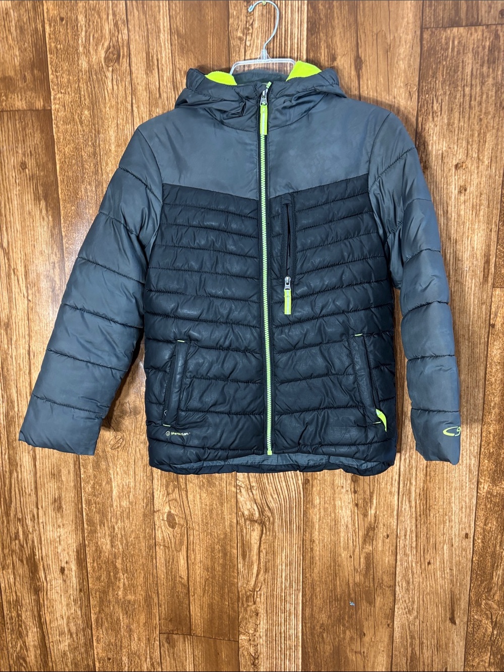 Champion Boys Puffer Jacket in Black with Lime Accents